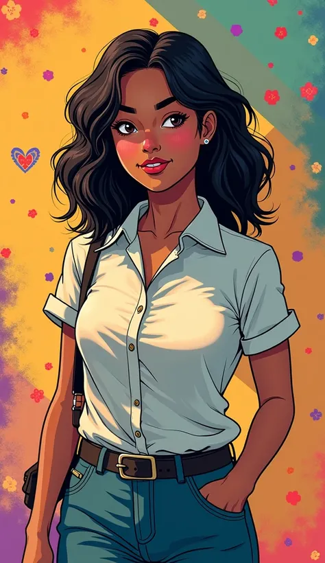 DISCREET image. with discreet casual clothes. image adult woman, american, comic book style. DISTRACTED. with a discreet smile. She is a Libra sign, IMAGES WITH VIBRANT COLORS.