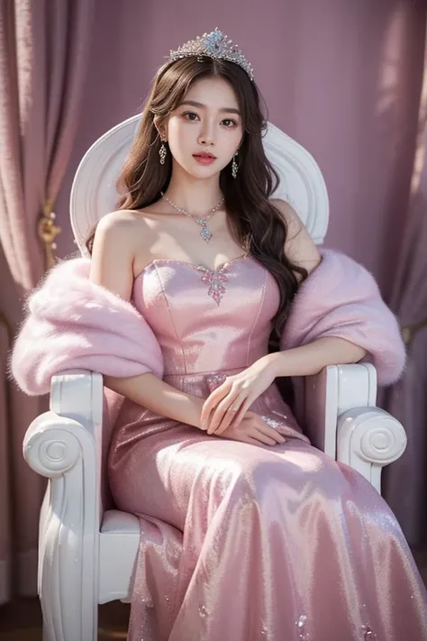 There was a woman in a pink dress，Wearing a necklace,((a beautiful fantasy empress).inspired by Sim Sa-jeong，Azure.detailed hairs,winter princess,LCE Princess,Guvez-Steville artwork,8K)),fantasy aesthetic!.Guviz,Ice Queen,8k high-quality detailed art, Thro...