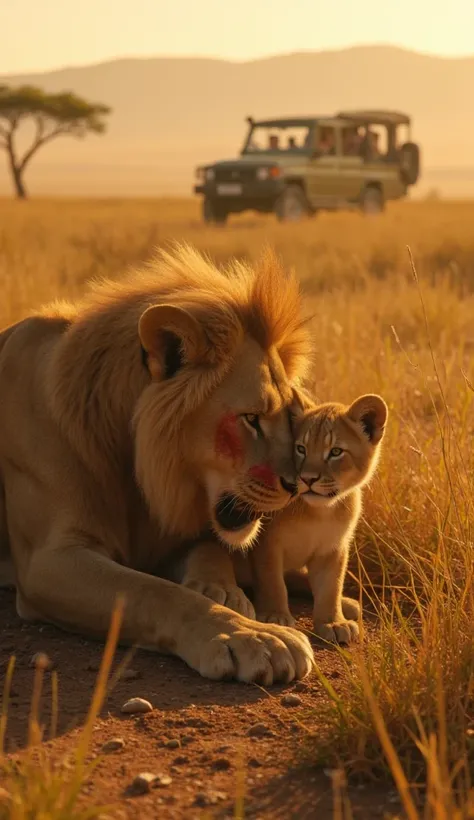 "A lioness lying on the ground with an arrow in her eye, with blood coming from it. Her cub stands beside her, looking sad. In the background, a safari jeep with people inside watches the scene from a distance. The atmosphere is warm, with golden sunlight ...