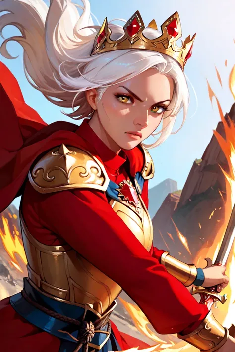  woman of fire , very high,  with long white hair,  yellow eyes , wearing golden armor, wearing a golden crown with red stones, (The woman is fighting with swords in a battle)