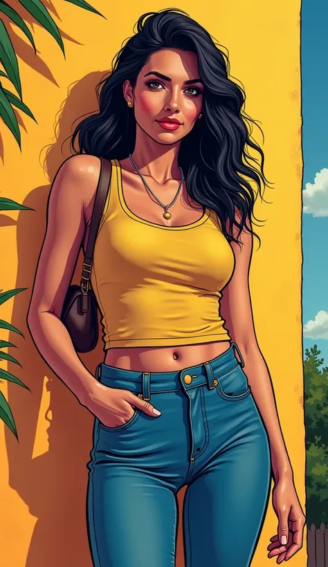 DISCREET image. with discreet casual clothes. image adult woman, american, comic book style. DISTRACTED. with a discreet smile. She is a Libra sign, IMAGES WITH VIBRANT COLORS.