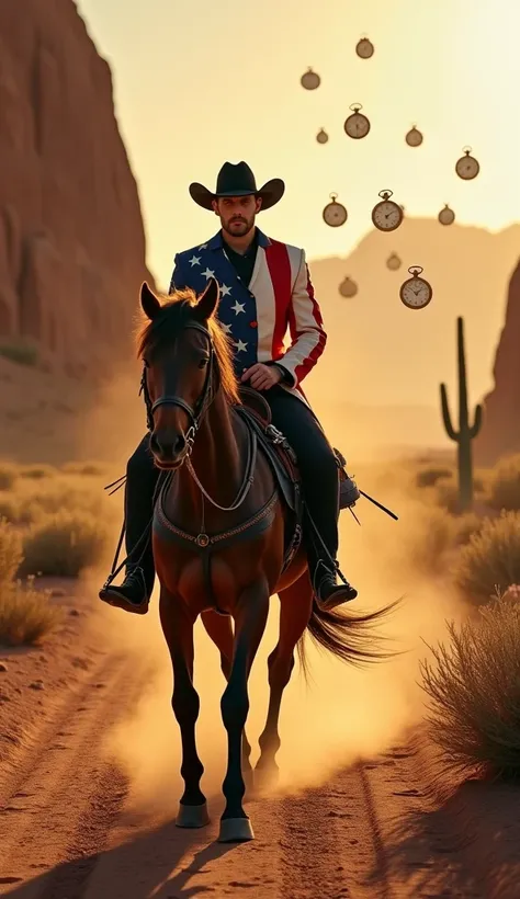 A man riding a horse ,  wears a cowboy costume with the colors and stars of the United States flag ,  traveling a dirt road in an arid desert .  He wears a classic black Western hat , leather boots with spurs and a jacket decorated with red and white strip...