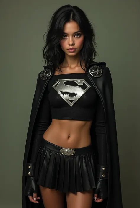  A FULL BODY VIEW OF A SEXY TEEN WITH   ( huge breasts :9.8)  DREAMY GREEN EYES AND MEDIUM-LENGTH MESSY BLACK HAIR WEARS A CLASSIC BLACK LONG SLEEVED CROPT TOP= TOP SUPERGIRL COSTUME WITH A SILVER  "S"  emblem,  A SHORT BLACK PLEATED SKIRT WITH A SILVER BE...