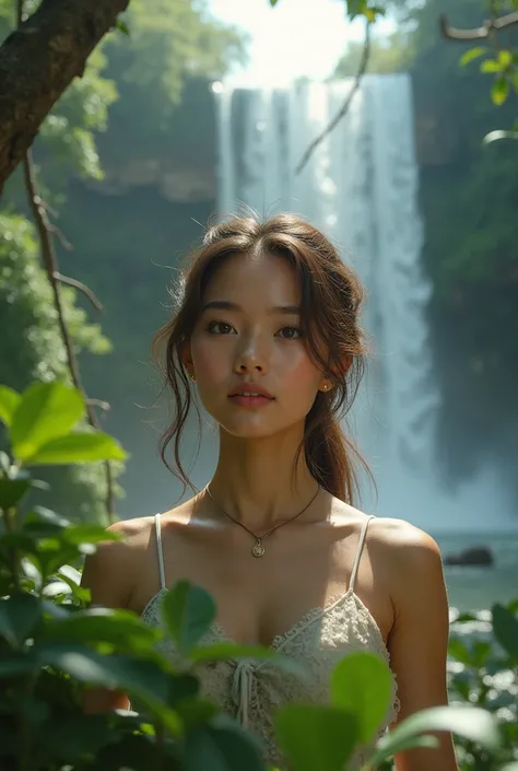 White woman with light brown hair 25-year-old light brown eyes slanted eyes in Iguazu Falls 