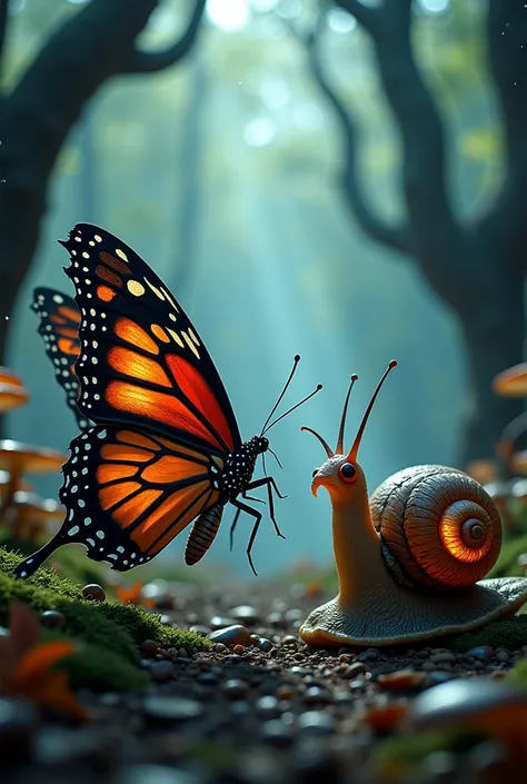 "Create a vivid and intense image where a butterfly and a snail are depicted in an angry standoff, facing each other with fierce expressions. The butterfly is unnaturally large, with jagged, torn wings displaying ominous, dark patterns that pulse with a fa...