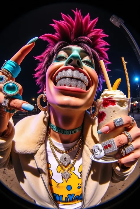 gr!llz, photograph An ultra-realistic, first-person view (FPV) of human-like character inspired by sci-fi aesthetics. The perspective shows the viewer's hands reaching forward, one hand holding an intricately detailed tropical fruit and icecream drink. The...