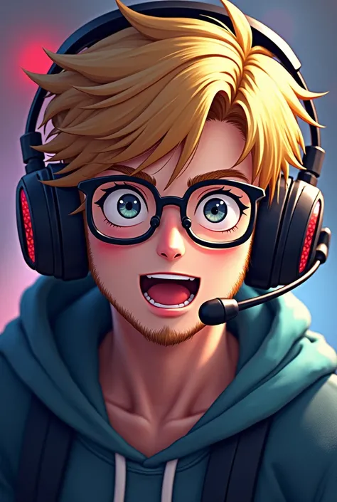 Create a blond gamer, with short hair short beard and glasses, with an anime-style gamer headset