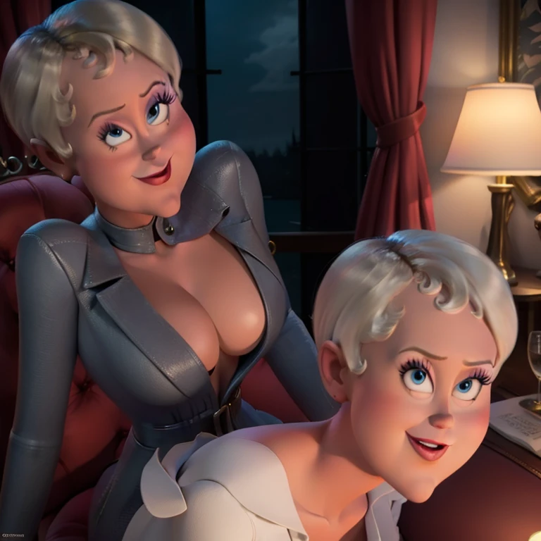  foreground, Erika Van Helsing, Hotel Transylvania, blonde,  short hair,  busty  ,  slender and very provocative and sensual hair, NSFW,  blue eyes,  dolls light smile ,  light makeup,  Linda way,  looking at the spectator , realistic 