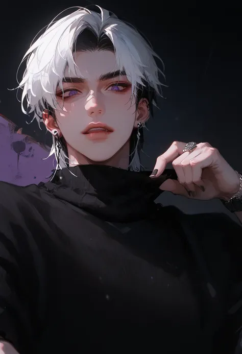 (score_9, score_8_up  ), score_7_up  ,  Adult male ,  Black High Collar Sweater ,  Messy Black Hair , 1 boy,  dark purple eyes ,  white hair highlighter , male focus,  Black Earrings , focus,  anime style ,  Black nail polish ,  Handsome, shadow background...