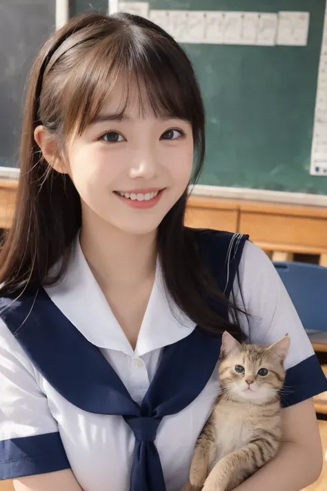  1 girl,  sailor suit、Big Breasts, classroom、smile、Hold the kitten 