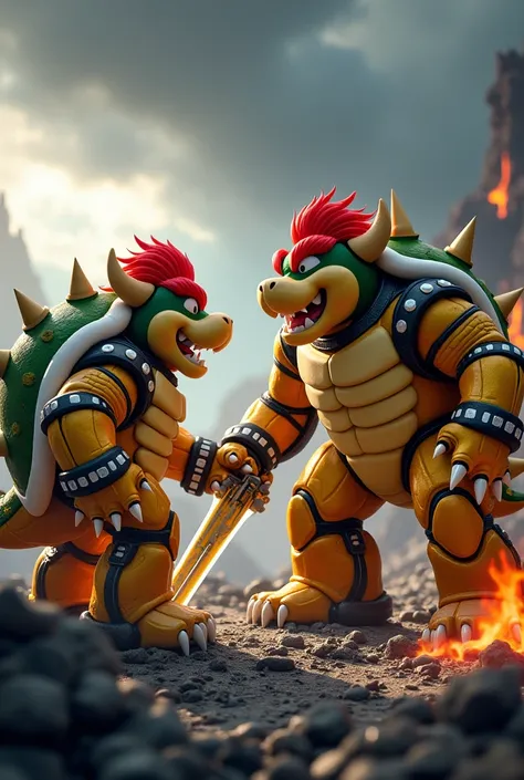 " An epic scene with Bowser  (super mario) e Bumblebee (Transformers) side by side.  Bowser is in its classic form , with his prickly shell ,  imposing horns and a ferocious expression ,  but with robotic details added to his body ,  such as shiny metallic...