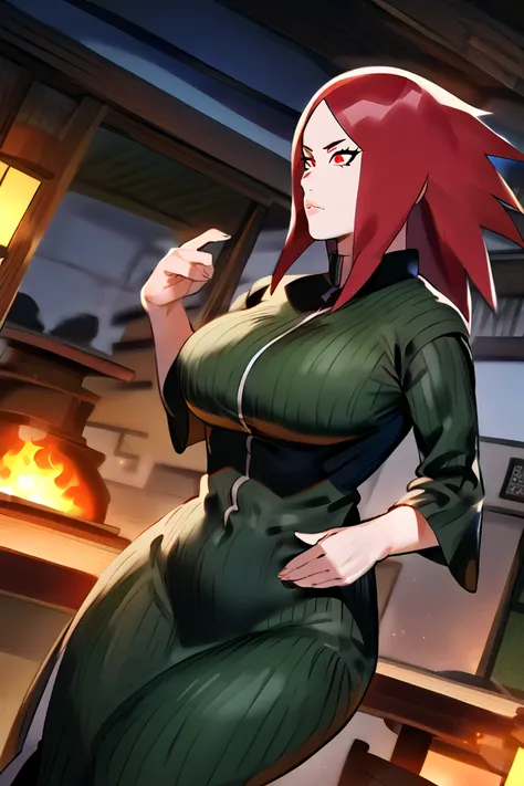 Female Character from Naruto,  fair skin ,  Vibrant red hair ,  red eyes and black pupil, wide bust and hips ,  thin body,  medium height , Madura, In a Japanese house setting at night sitting on a shoji