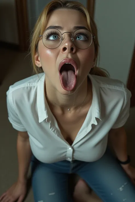 In a home office, closeup (high angle) view, mature white woman on her hands and knees on the floor, squinting, blonde ponytail, slight face wrinkles, blue eyes, eye makeup, round wire frame glasses, lip filler, mouth open wide, realistic tongue, clear bub...