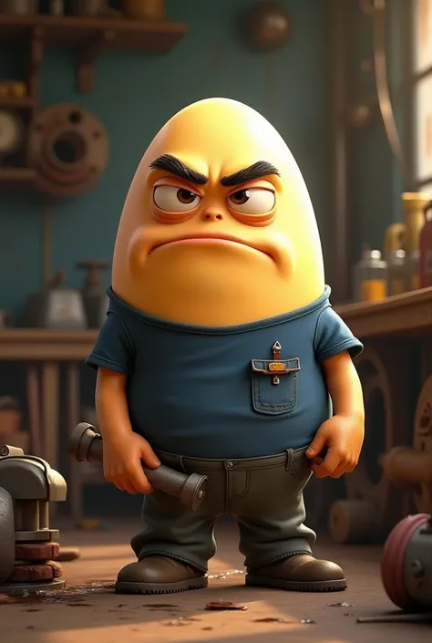 Create Disney Pixar-style images of a brown egg ,bad mood,biped,Humanoide, working as a hydraulic pump mechanic. He's wearing a navy blue t-shirt and gray pants 