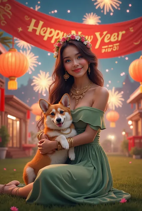 Create an image of the most charming young lady with long wavy hair wearing an exquisite flower crown and wearing a lot of precious stones. She is holding a corgi dog and sitting on the lawn of Nguyen Hue flower street with a large banner "Happy New Year 2...