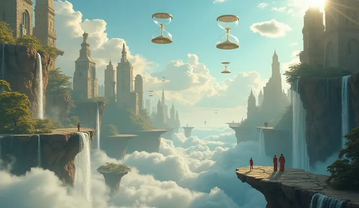 "A surreal city where the buildings are upside down, people walking on invisible bridges in the sky, floating islands with waterfalls that pour into the clouds, giant hourglasses floating in the air, golden statues of faceless beings, a dreamlike atmospher...