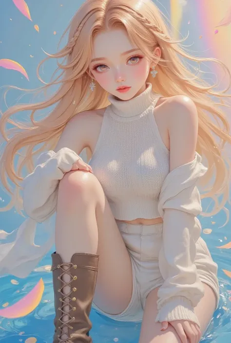 ultra detailed, absolutely resolution, masterpiece. 
various iridescent effects. 
beautiful woman, fluffy shining glossy silky stylish braided orange hair, captivating eyes, sexy beauty expression. 
great body proportion, wearing sleeveless turtleneck knit...