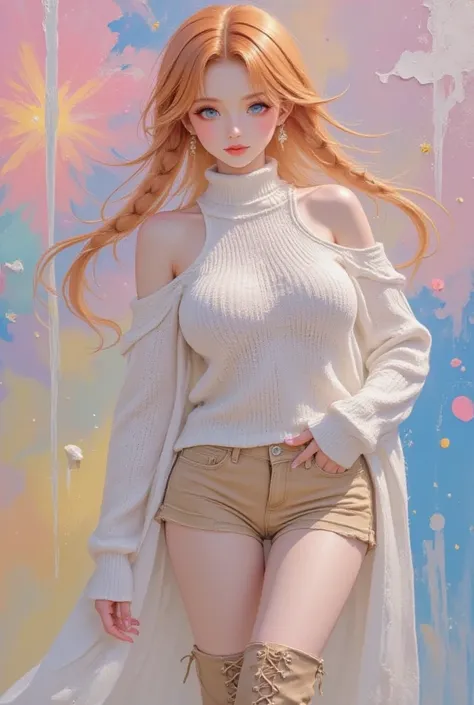 ultra detailed, absolutely resolution, masterpiece. 
various iridescent effects. 
beautiful woman, fluffy shining glossy silky stylish braided orange hair, captivating eyes, sexy beauty expression. 
great body proportion, wearing sleeveless turtleneck knit...