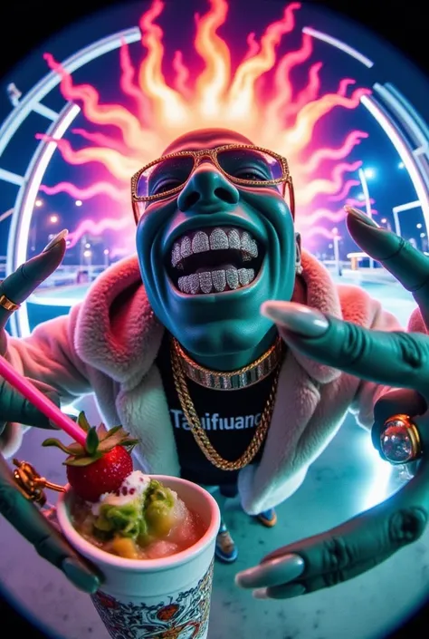 gr!llz, photograph An ultra-realistic, first-person view (FPV) of human-like character inspired by sci-fi aesthetics. The perspective shows the viewer's hands reaching forward, one hand holding an intricately detailed tropical fruit and icecream drink. The...