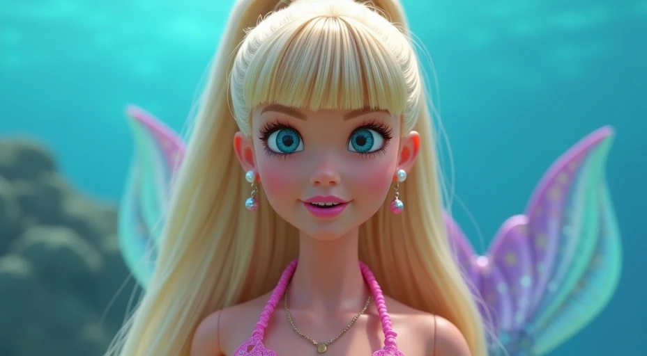 Full portrait, 3d Mattel Barbie movie animation,Looking at viewer, Long Hair, Blonde Hair, Bangs, Shiny Hair, Gradient Hair, High Ponytail, Straight Hair, Tied Hair, Wet Hair, Partially Underwater Shot, mermaid looking, Tiara, Hair Tie,  a pink curled mage...