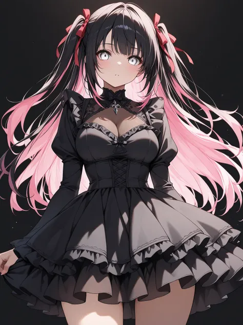 1girl, multicolored hair, long hair, two side up, black hair, pink hair, white eyes, looking at viewer, frilled dress, layered dress, see-through cleavage, hair ribbon, cowboy shot, cinematic angle,, (masterpiece, best quality, extremely detailed), perfect...