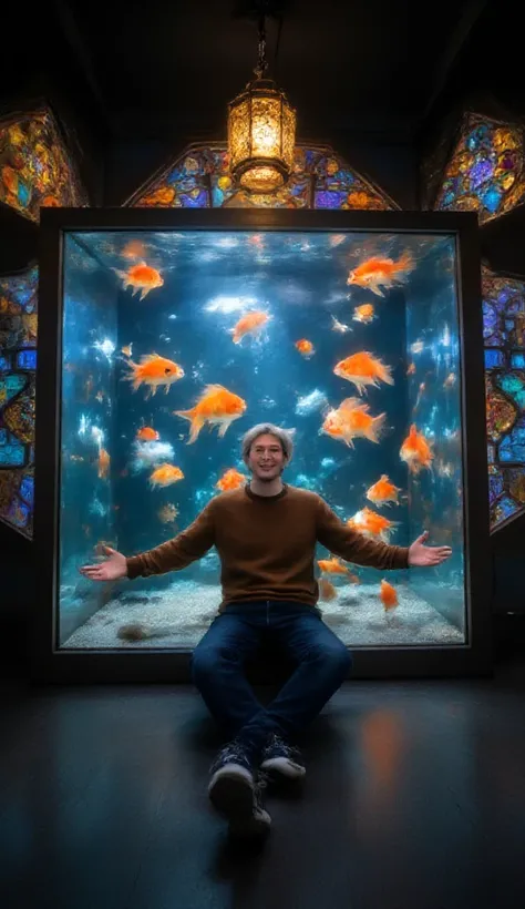 A fantastic goldfish art exhibition。In the center is a beautiful square aquarium、Goldfish are swimming gracefully in the exhibition。 The surroundings of the aquarium are surrounded by bright lighting and geometric stained-glass-like designs.、Colorful light...