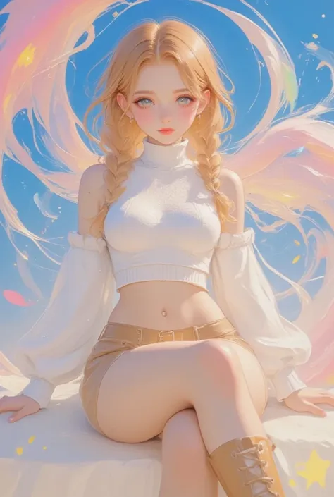 ultra detailed, absolutely resolution, masterpiece. 
various iridescent effects. 
beautiful woman, fluffy shining glossy silky stylish braided orange hair, captivating eyes, sexy beauty expression. 
great body proportion, wearing sleeveless turtleneck knit...