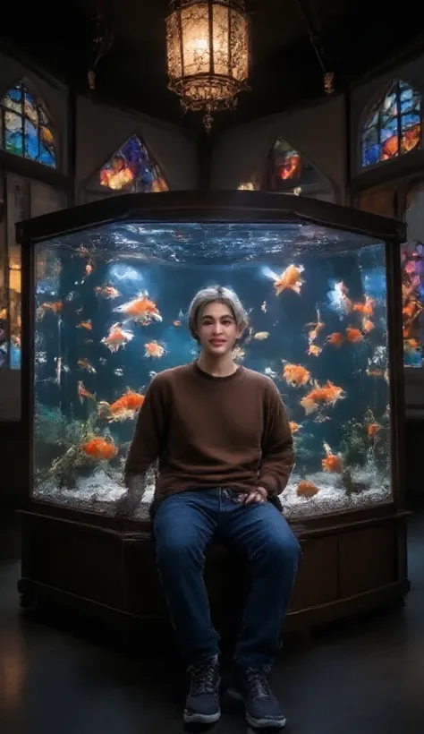 A fantastic goldfish art exhibition。In the center is a beautiful square aquarium、Goldfish are swimming gracefully in the exhibition。 The colors are vivid、 ultra detail。The surroundings of the aquarium are surrounded by bright lighting and geometric stained...