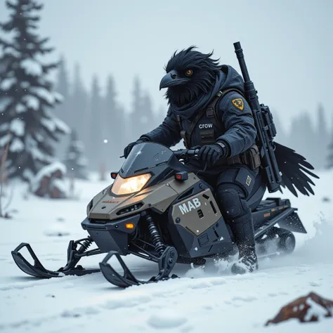 Imagine a short and stubby, anthro raven in an arctic atmosphere. Cute Kenku style. Hair is windblown and crazy from riding his tactical snowmobile through a battle torn arctic tundra. Gun strapped to his back. Tactical snowmobile gear. The name "crow" etc...