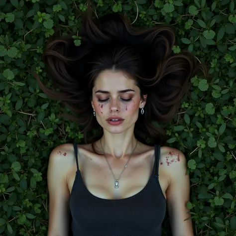 A full-body top-down photorealistic view of a beautiful 28-year-old slender woman lying unconscious and defeated on a bed of lush, green grass. She is completely exhausted and in despair; her body is visibly broken. Her signature dark brown ponytail is und...