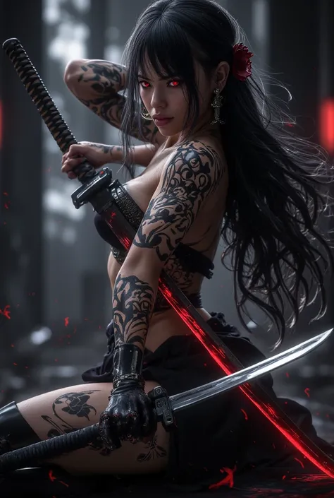 Red-eyed black-haired woman holding katana sword with sexy tattoos