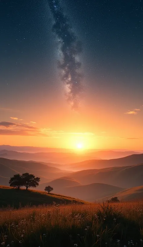 Prompt:
A time-lapse scene capturing the cycle of a day and night over a vast, open horizon. The landscape is serene, with rolling hills and a quiet, expansive plain stretching endlessly toward the horizon.

As the sun rises, it bathes the land in warm, go...