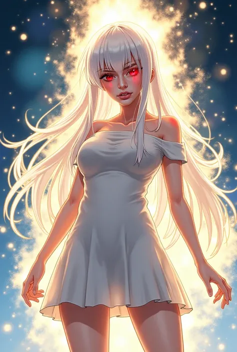  Creates the oil image ,  in the fanart anime style with the following characteristics :
 with long hair down to below the waist in the color white , white white skin ,  with slightly flushed cheeks ,  naturally reddish lips ,  red red eyes . standing impo...