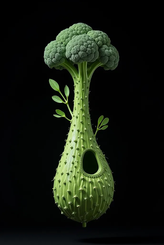 Generate a broccoli-textured ney and bladder on a black background