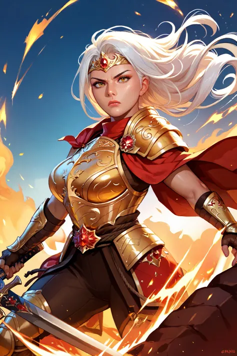  woman of fire , serious expression , very high,  with long white hair,  yellow eyes,  wearing golden armor, wearing a golden crown with red stones, (The woman is fighting with swords in a battle) 