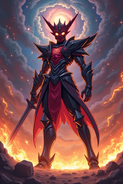 Yu gi oh warrior monster with sword, thin, Utopia, mask ,  black and red , cartoon style, Anime style, Fire,  galaxy background  