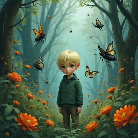  a forest full of large and small insects full of flowers but cold, It's raining and a boy with blond hair and green eyes with a cold look, Emelancholic distanter