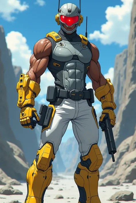 Athletic African-American man dressed in a sleeveless t-shirt, white pants on top of a technological armor complete with a gray technological closed chest, including a HELMET with a red optical visor with an antenna on the side of the technological HELMET ...