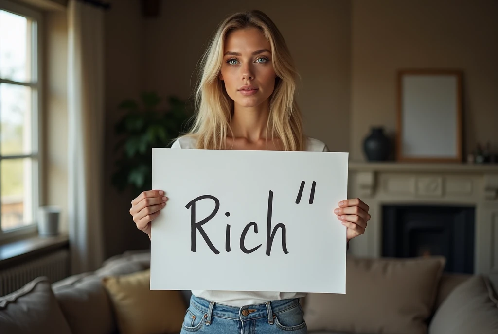 beautiful European women with   blue eyes  s and blonde hair,   is in the living room  ,   wears a T-shirt and jeans   ,   looks at the camera  ,    carries a large sign with the handwritten text: "Rich " in den Händen ultra    high resolution, ( photoreal...