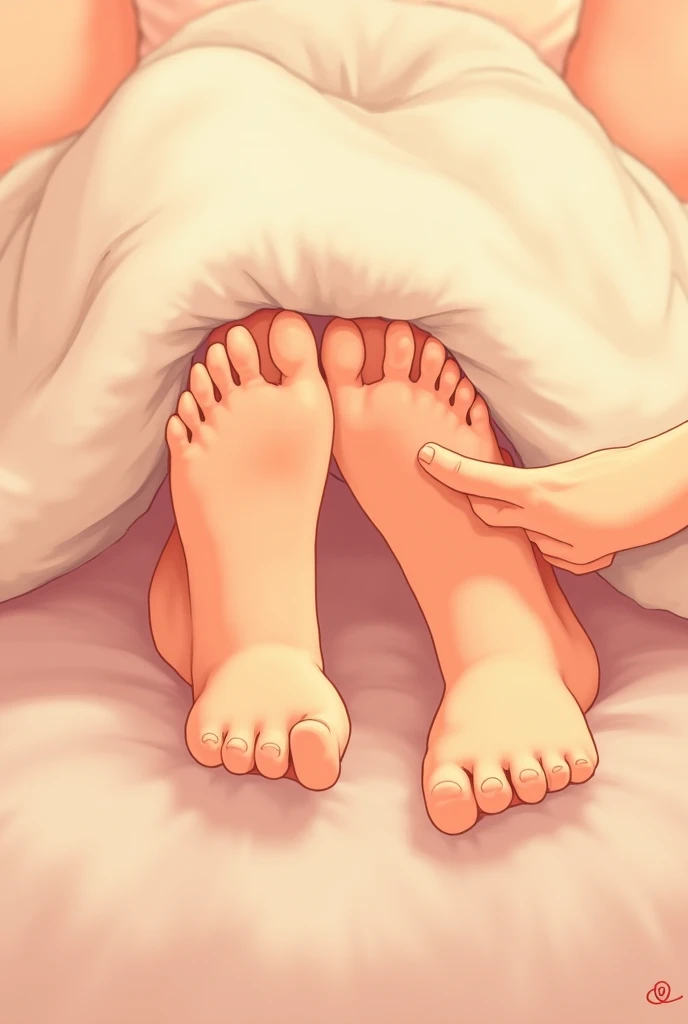 Fais moi des pieds dans un lit sous une couette de nuit et pointer par un doigt de femme, ambiance joyeuse 