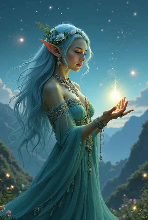 A mystical elf with long,flowing, light blue hair adorned with
delicate flowers & leaves,standing
against a twilight sky filled with stars & soft,glowing orbs of light. She has pointed ears & greenish skin,wearing an ornate,teal-colored gown with intricate...