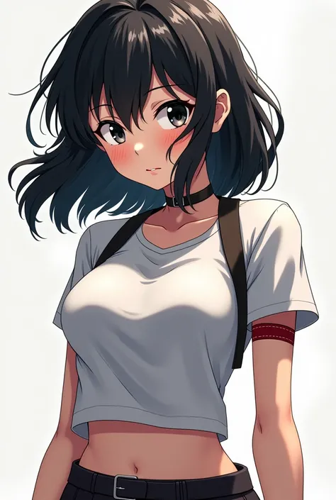  17-year-old anime girl with medium-long wavy black hair, And black eyes, Coolebra Pack 3 Bamboo Short Sleeve T-Shirt,  has an aggressive personality ,  Athletic physique , Big breasts, has white skin