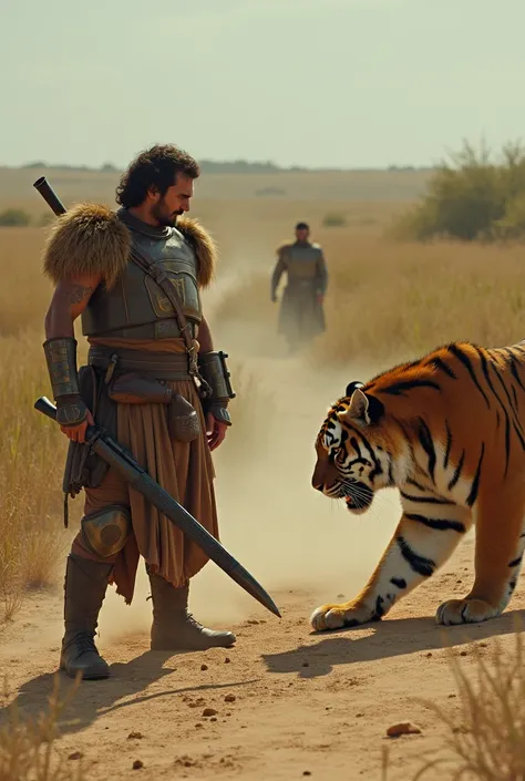 tiger steps away from the man, as if compelled by some inner instinct. The man, dressed in armor made from tiger skins, holding a rifle and a knife, lies on the ground. The tiger’s gaze softens as it turns and slowly strides across the sand, disappearing i...