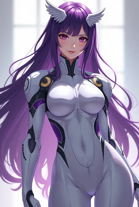  anime style. VERY PRETTY YOUNG CHINESE WOMAN WITH DARK EYES AND LONG PURPLE HAIR.  SUIT WEARS A FUTURISTIC WHITE SUPERHERO COSTUME WITH OWL DETAILS. YOUR SUIT HAS A LOT OF TECHNOLOGY. SHE HAS A CLEAVAGE AND SHOWS HER HUGE BREASTS