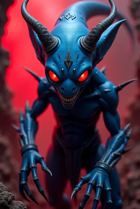 Alien devil, blue skin, 666 tattoo, 3 eyes