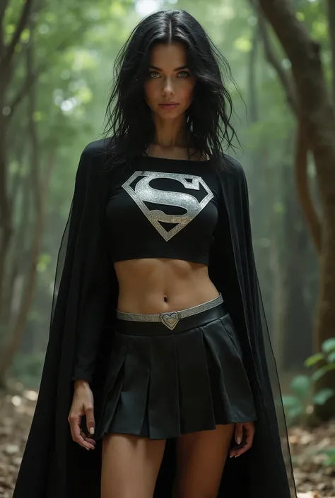 A FULL BODY VIEW OF A SEXY GIRL WITH   ( huge breasts :9.8)  DREAMY GREEN EYES AND MEDIUM-LENGTH MESSY BLACK HAIR WEARS A CLASSIC BLACK LONG SLEEVED CROPT TOP= TOP SUPERGIRL COSTUME WITH A SILVER  "S"  emblem,  A SHORT BLACK PLEATED SKIRT WITH A SILVER BEL...