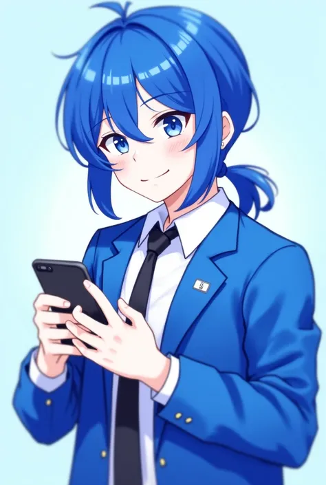 sekina, art style,one boy, perfect face,normal eyes,muscular body, 4K,Ponytail hairstyle, blue hair ,long bangs, blue eyes, white skin, white shirt,black tie, blue jacket on top of shirt, pierced ears, earring in ear, grinning, blue and white background, i...