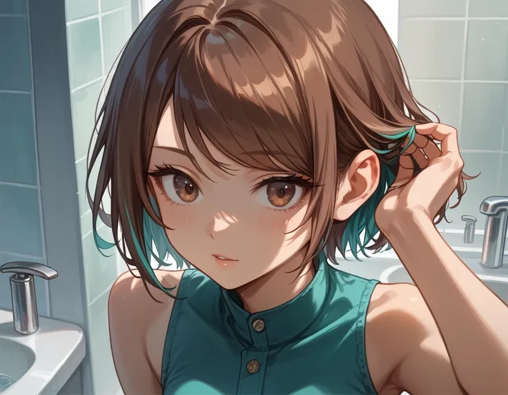 (masterpiece, best quality), solo, close up, intricate details, JK, close up, girl adjusting hair while looking into mirror, beautiful face,  ((brown eyes, brown hair,short hair, hair with teal highlights, long swept bangs)), ((strapless sleeveless shirt, ...