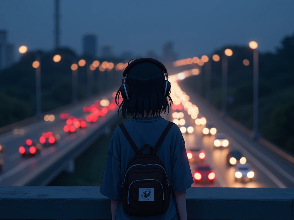 I want an anime woman ,  black hair, with a streetwear outfit,  with headphones , walking across a bridge that leads to a large road where you can see many cars passing under it, At night turning my back completely to the camera