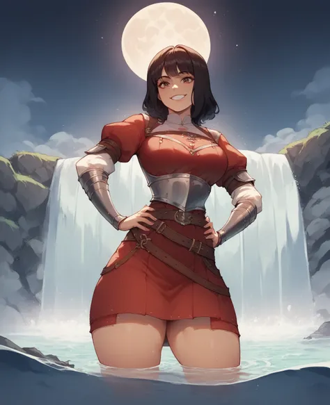 woman seen from front, smile, big breasts, smile, black hair, giant thighs, hands on hips pose, waterfall background, flowing water, dark skies, during the night, moon, wearing medieval armor, red skirt, red clothing, sheathed sword in belt, 